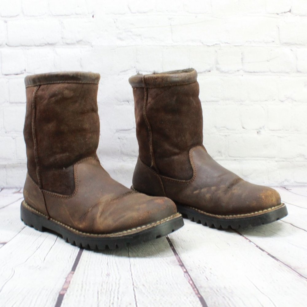 UGG Brown Leather Suede Sheepskin Lined Winter Boots Size 10 - Picture 3 of 9